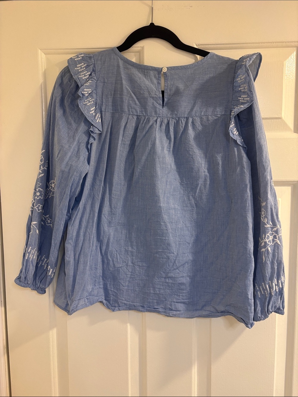 LOFT Blue Smocked Yoke Ruffle Sleeve Embroidered Blouse - Picture 2 of 2